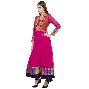 Pink Embroidered Georgette kurta & 2