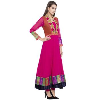 Pink Embroidered Georgette kurta & 3