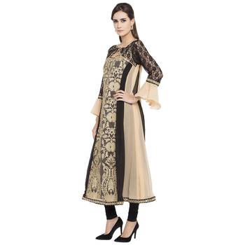 Beige Printed Georgette kurta & 2