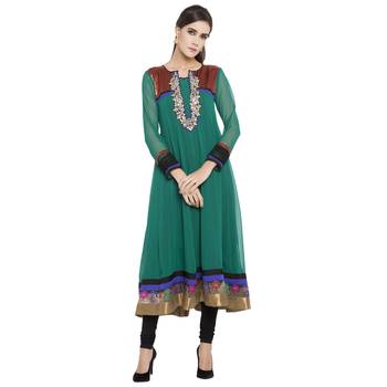 Teal Embroidered Georgette kurta & 1