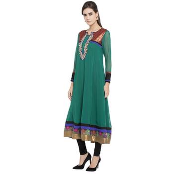 Teal Embroidered Georgette kurta & 2