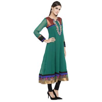 Teal Embroidered Georgette kurta & 3