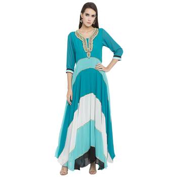 Teal Blue Embroidered Georgette kurta & 1