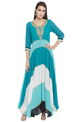 Teal Blue Embroidered Georgette kurta &