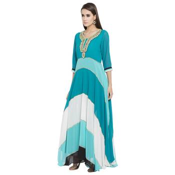 Teal Blue Embroidered Georgette kurta & 2