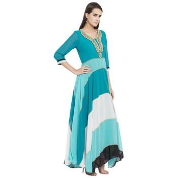 Teal Blue Embroidered Georgette kurta & 3