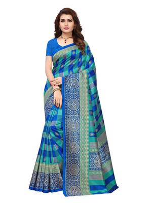 Blue printed silk blend saree with blouse 1