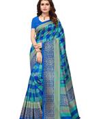Blue printed silk blend saree with blouse