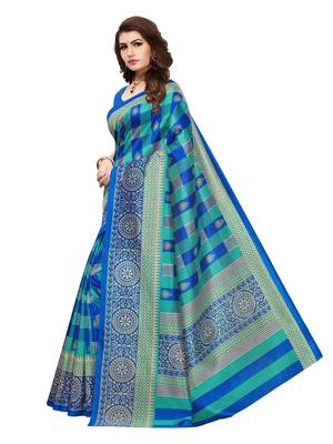 Blue printed silk blend saree with blouse 2