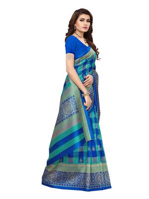 Blue printed silk blend saree with blouse 3