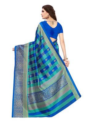Blue printed silk blend saree with blouse 4