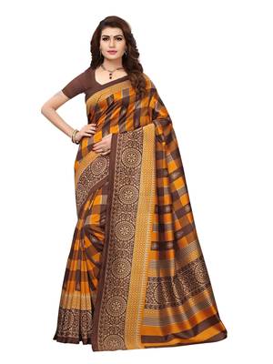 Brown printed silk blend saree with blouse 1