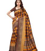 Brown printed silk blend saree with blouse