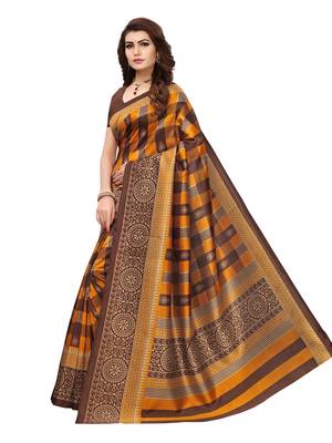 Brown printed silk blend saree with blouse 2