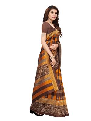 Brown printed silk blend saree with blouse 3