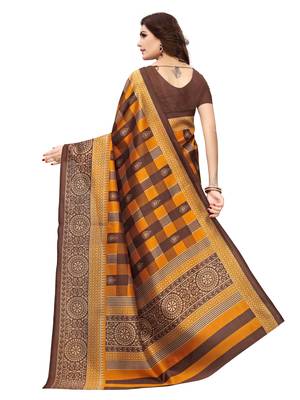 Brown printed silk blend saree with blouse 4