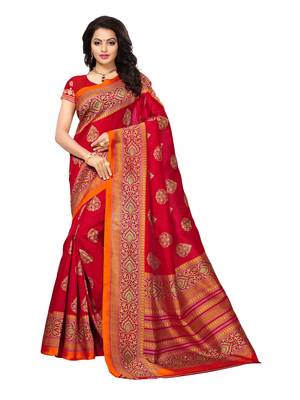 Red printed silk blend saree with blouse 1