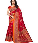 Red printed silk blend saree with blouse