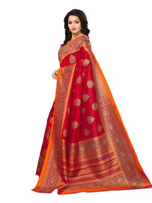 Red printed silk blend saree with blouse 2