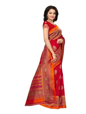 Red printed silk blend saree with blouse 3