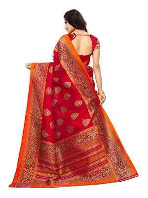 Red printed silk blend saree with blouse 4