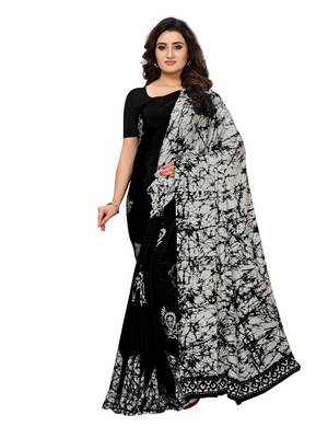 Black printed crepe saree with blouse 1