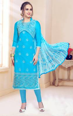 Sky-blue embroidered cotton salwar with dupatta 1