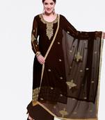 Brown embroidered georgette salwar with dupatta