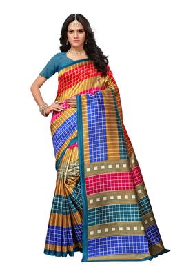 Multicolor printed art silk saree with blouse 1