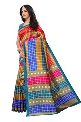Multicolor printed art silk saree with blouse 4
