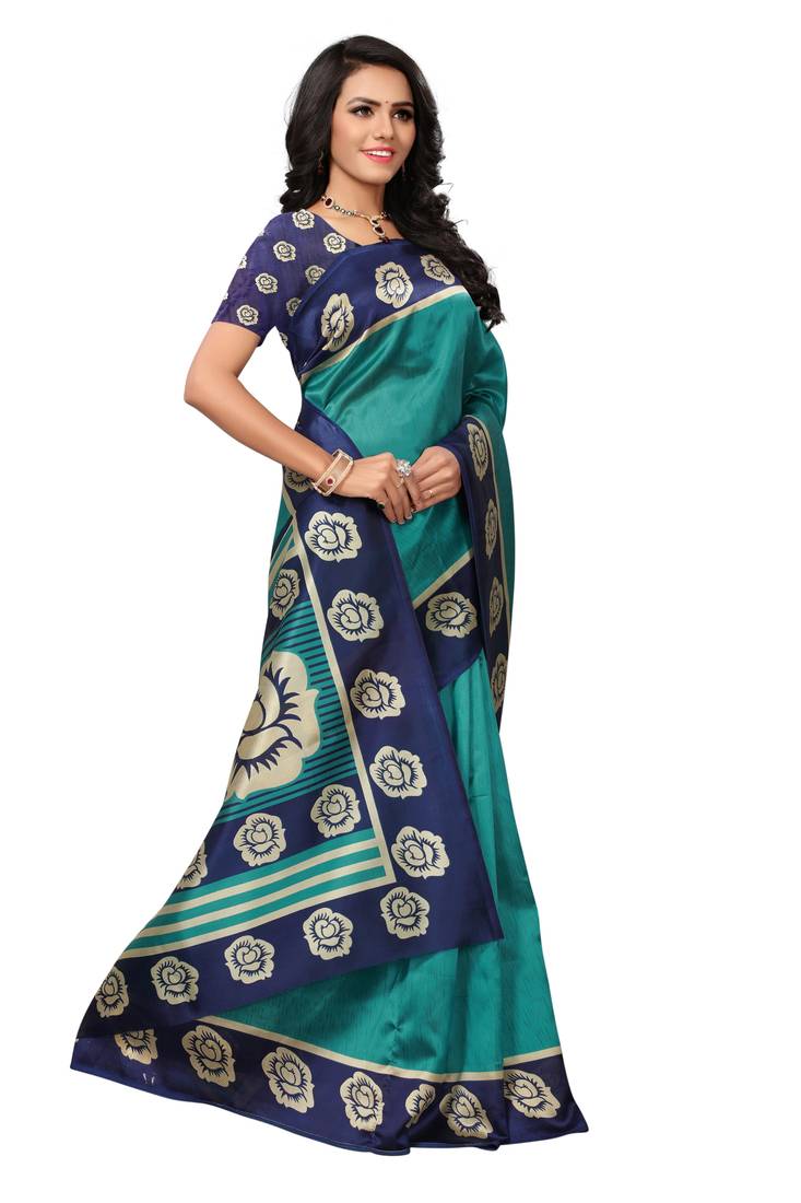 Teal Blue Color Tasar Silk Printed Saree with Viscose Border and Blouse