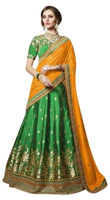 Dark-Green Embroidered Brocade Lehenga Choli With Dupatta 1