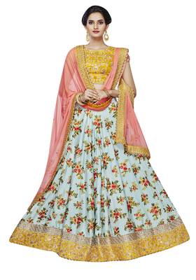Sky Blue Embroidered Silk Satin Lehenga Choli With Dupatta 1