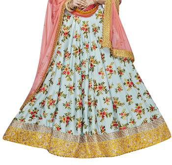 Sky Blue Embroidered Silk Satin Lehenga Choli With Dupatta 2