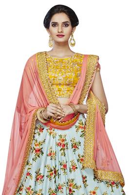 Sky Blue Embroidered Silk Satin Lehenga Choli With Dupatta 3
