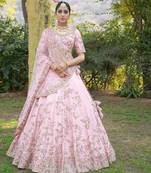 Light Pink Embroidered Malai Satin Lehenga Choli With Dupatta