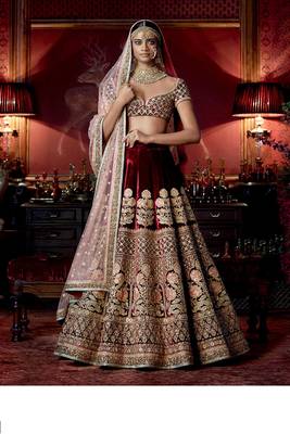Maroon Red Embroidered Velvet Lehenga Choli With Dupatta 1