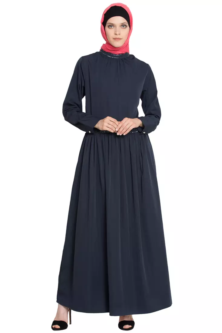 Navy Plain Poly Crepe Islamic Abaya