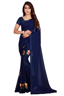 Navy blue embroidered faux georgette saree with blouse 1