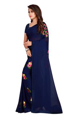 Navy blue embroidered faux georgette saree with blouse 2