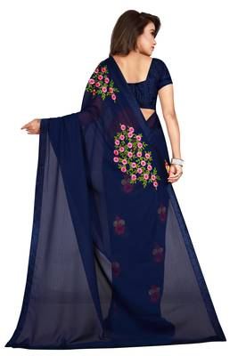 Navy blue embroidered faux georgette saree with blouse 3