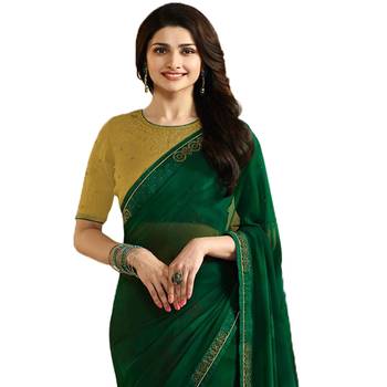 Green plain georgette  saree with blouse 2