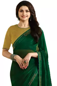 Green plain georgette  saree with blouse