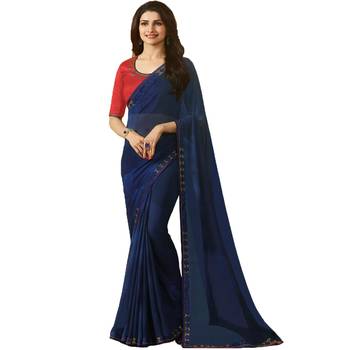 Blue plain georgette  saree with blouse 1