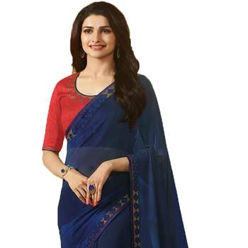 Blue plain georgette  saree with blouse 2