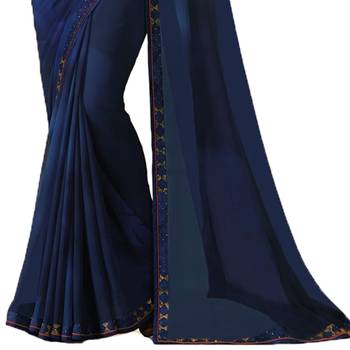 Blue plain georgette  saree with blouse 3