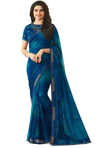 Blue plain georgette  saree with blouse