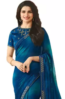 Blue plain georgette  saree with blouse