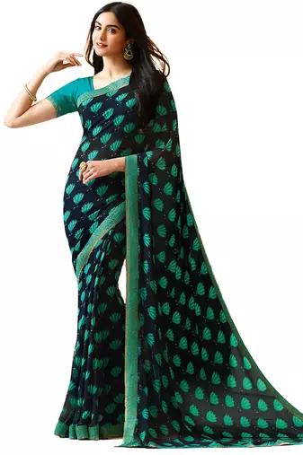 Blue printed georgette  saree with blouse