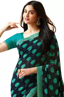 Blue printed georgette  saree with blouse